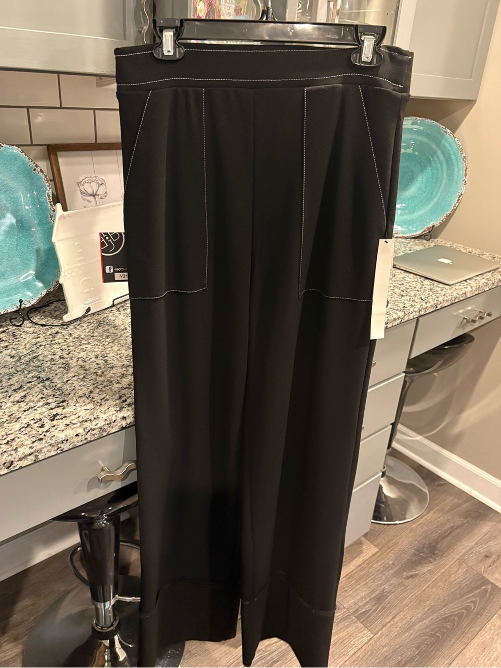Black Women's Wide-Leg Dress Pants with Contrast Stitching